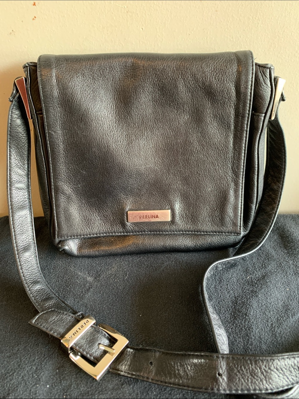 Perlina Black Leather Messenger Bag with Silver Hardware